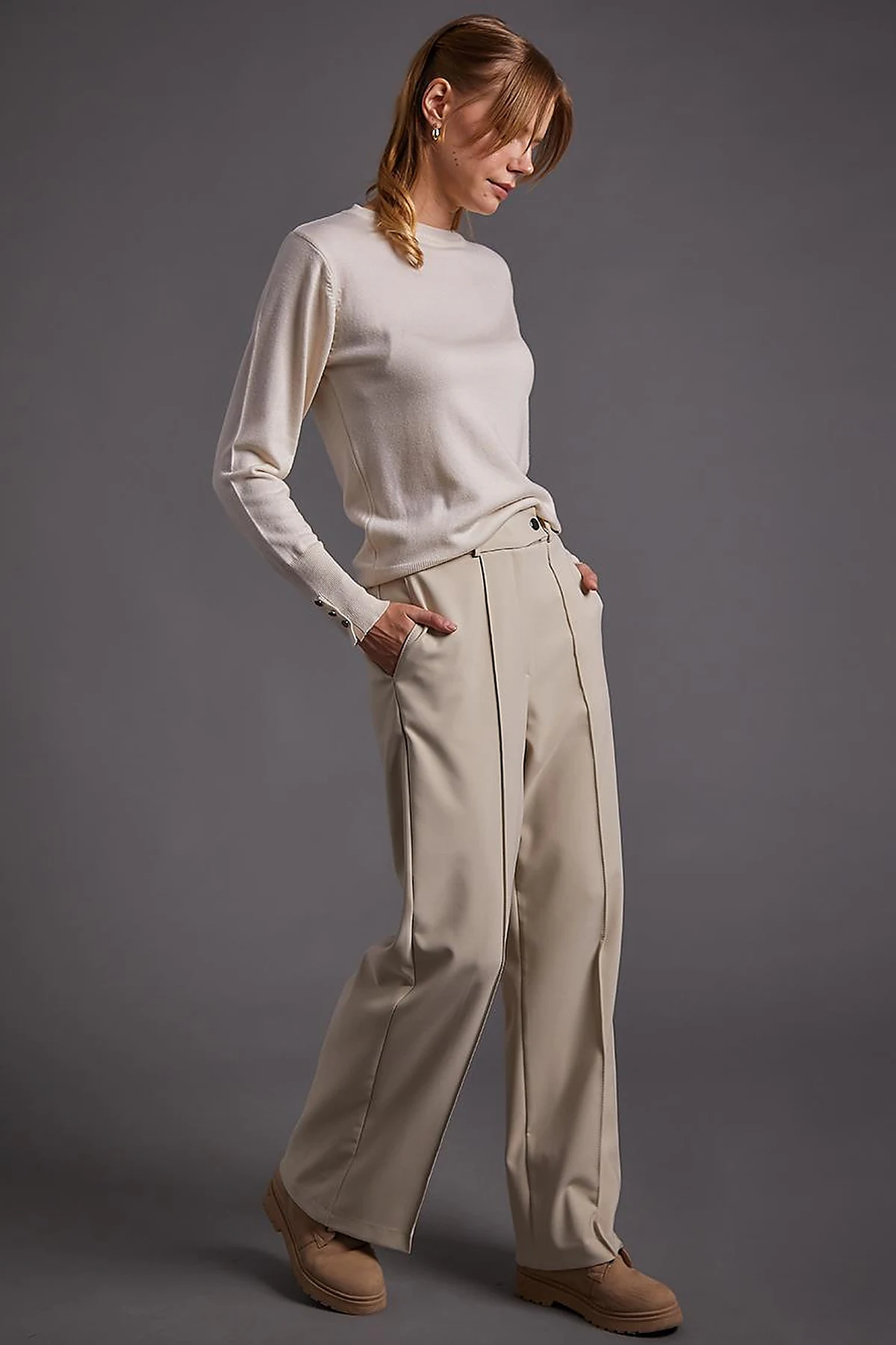 Ironed Wide Leg Trousers Stone