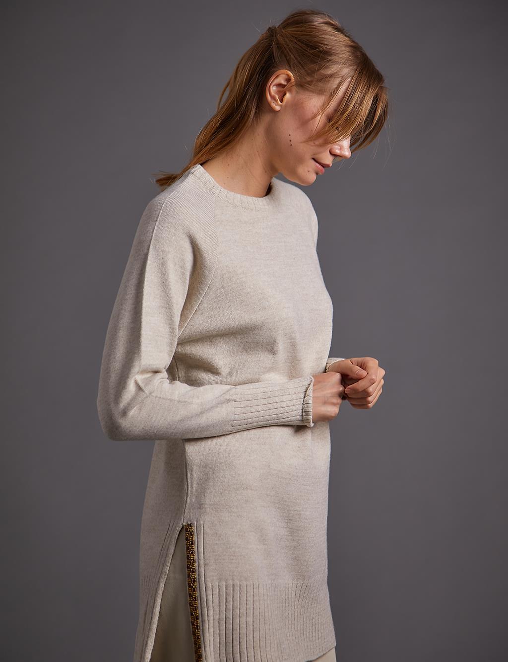 Ribbed Detail Zero Neckline Stone-Colored Knit Tunic