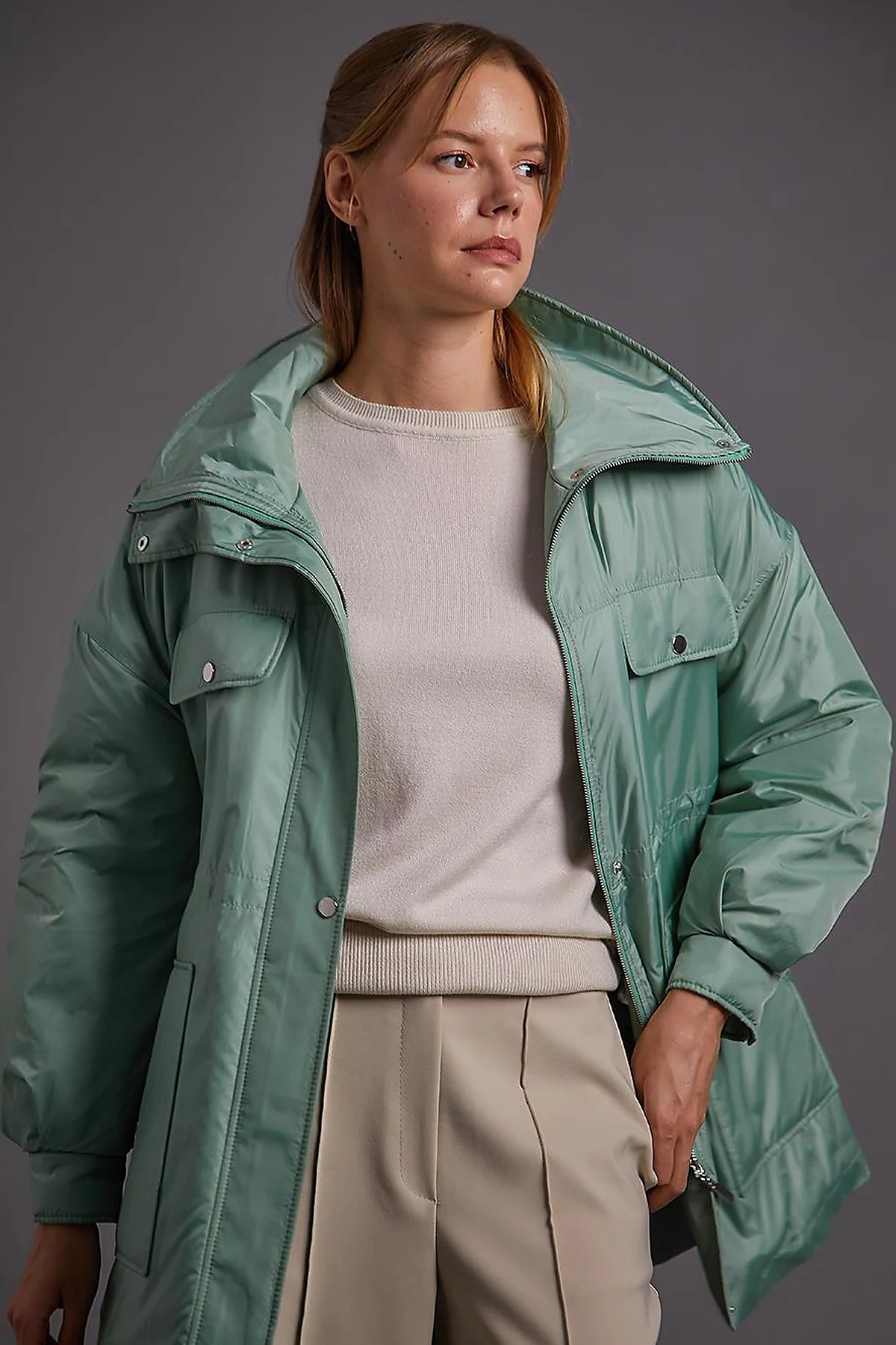 Pocket Detailed Drawstring Waist Coat Ice Green