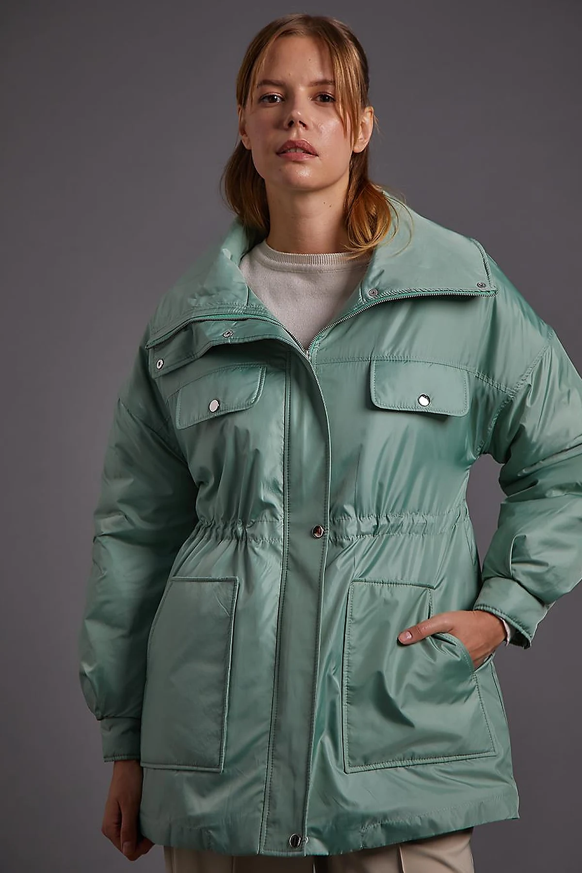 Pocket Detailed Drawstring Waist Coat Ice Green