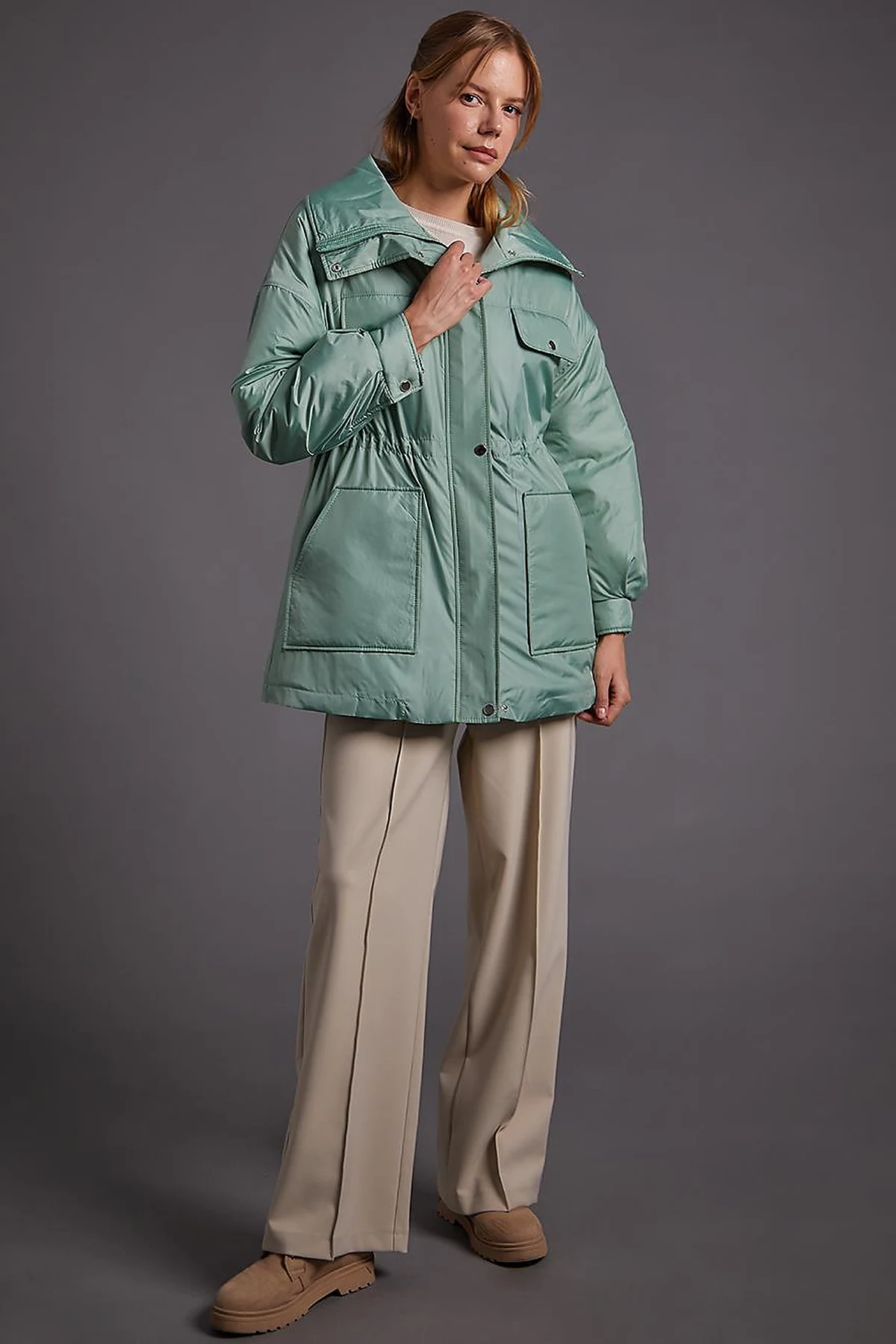 Pocket Detailed Drawstring Waist Coat Ice Green