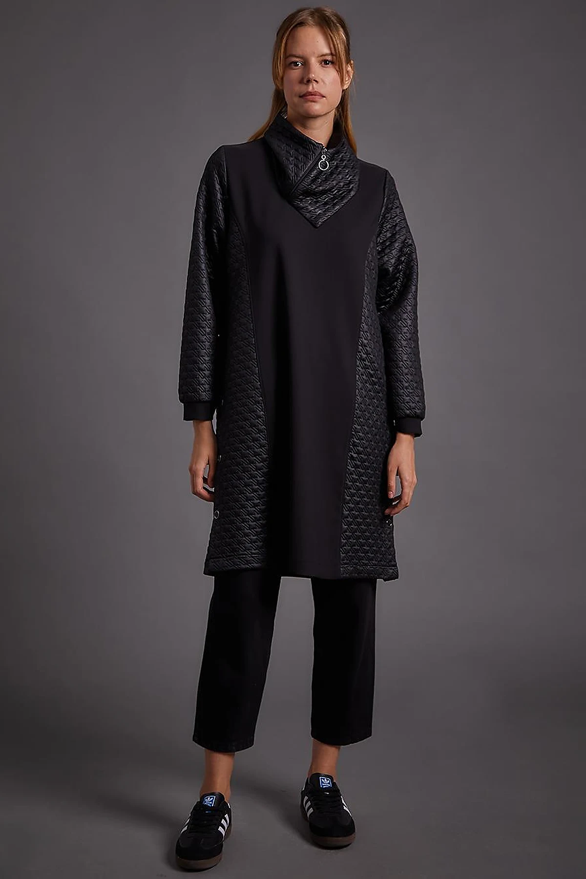 Houndstooth Textured High Collar Tunic Black