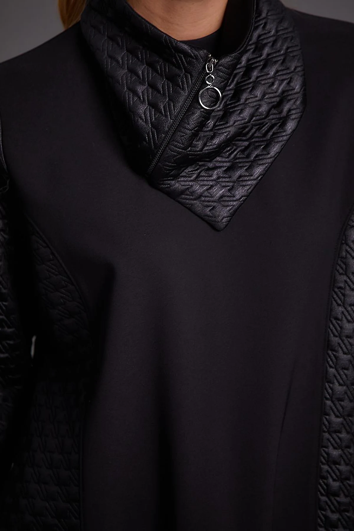 Houndstooth Textured High Collar Tunic Black