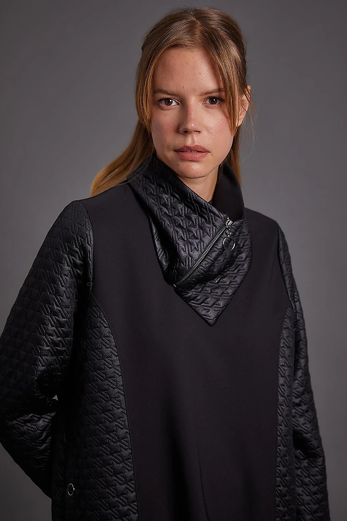 Houndstooth Textured High Collar Tunic Black