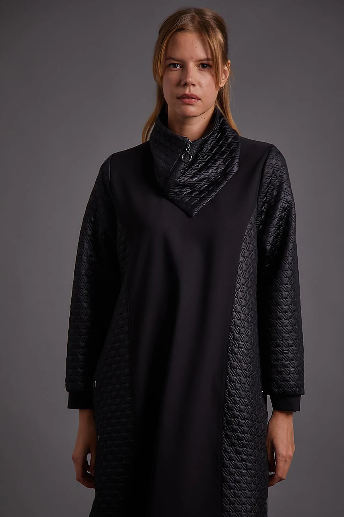 Houndstooth Textured High Collar Tunic Black