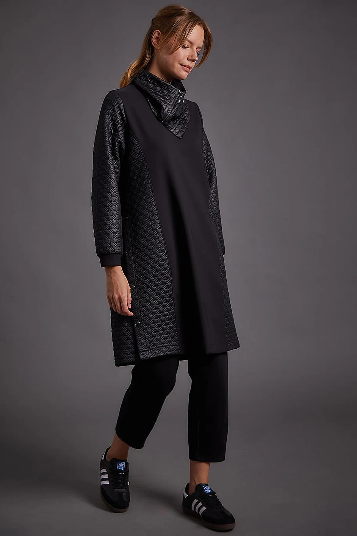 Houndstooth Textured High Collar Tunic Black