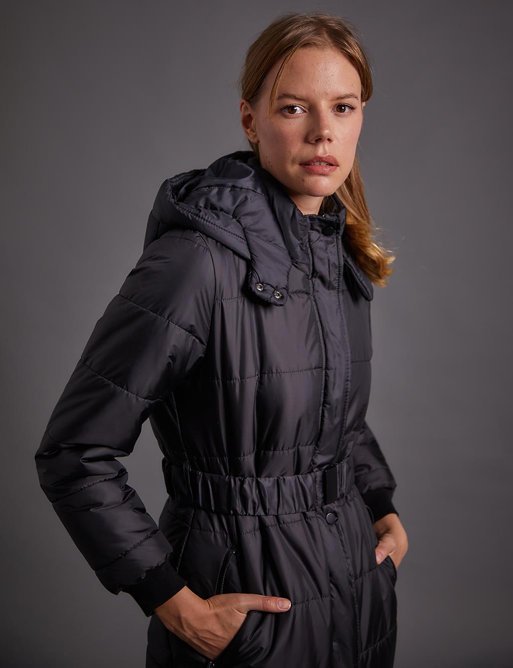 Belted Hooded Anorak Coat Black