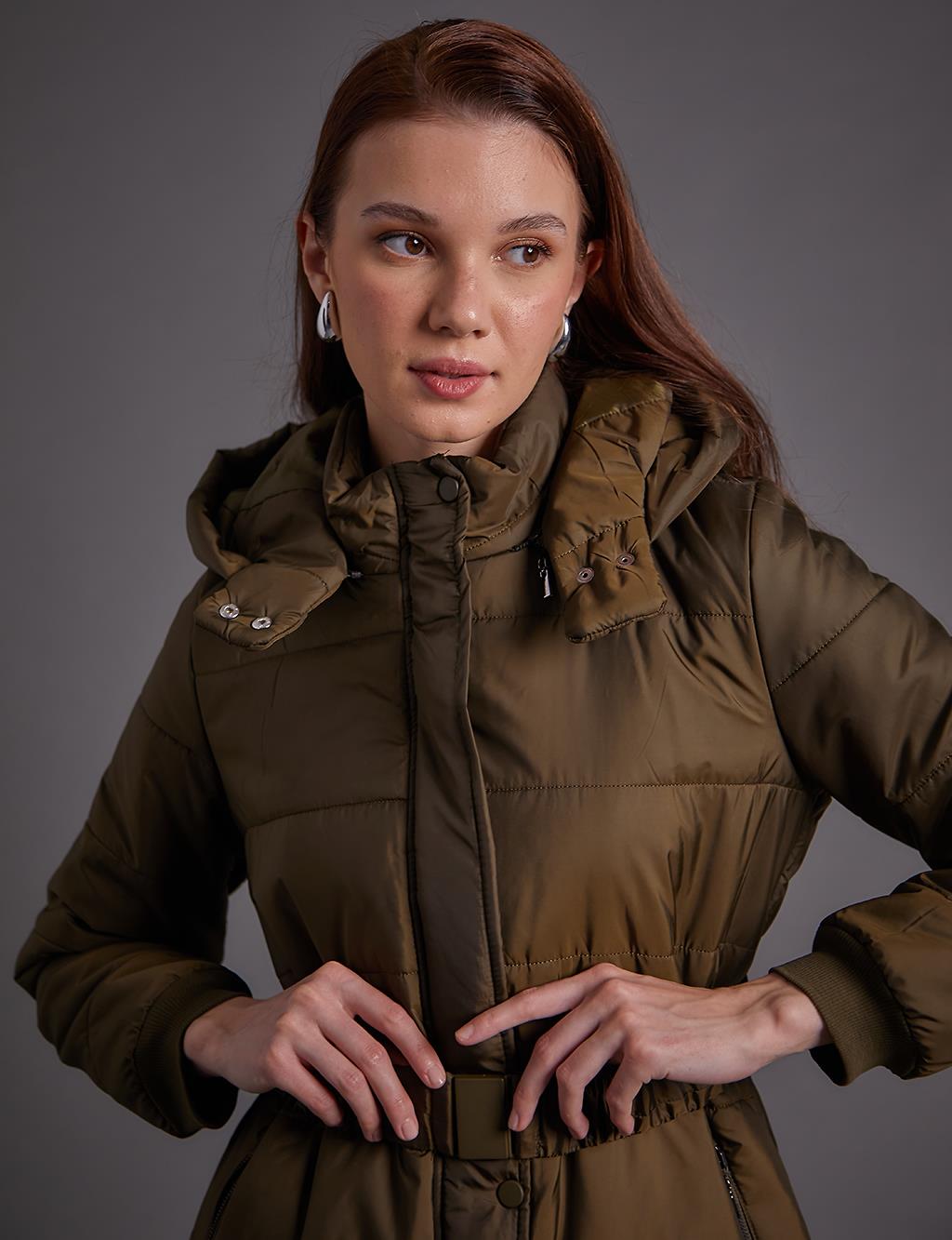 Belted Hooded Anorak Coat Khaki