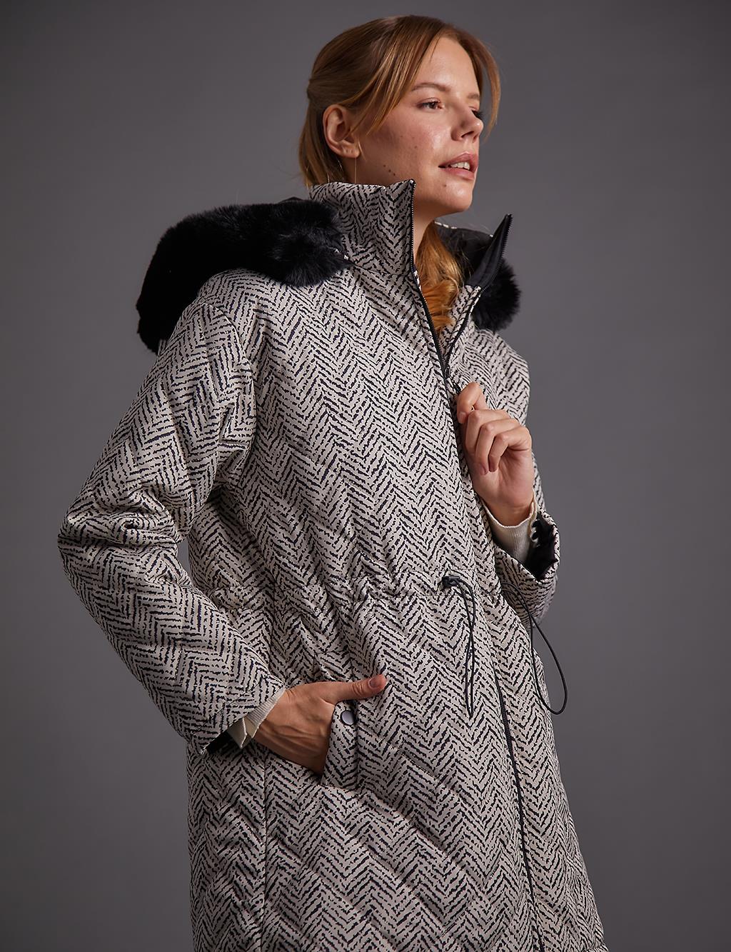 Abstract Patterned Faux Fur Coat Stone