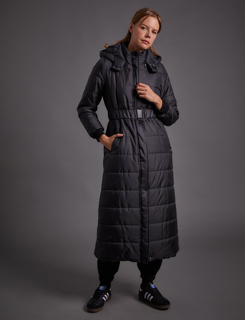 Belted Hooded Anorak Coat Black