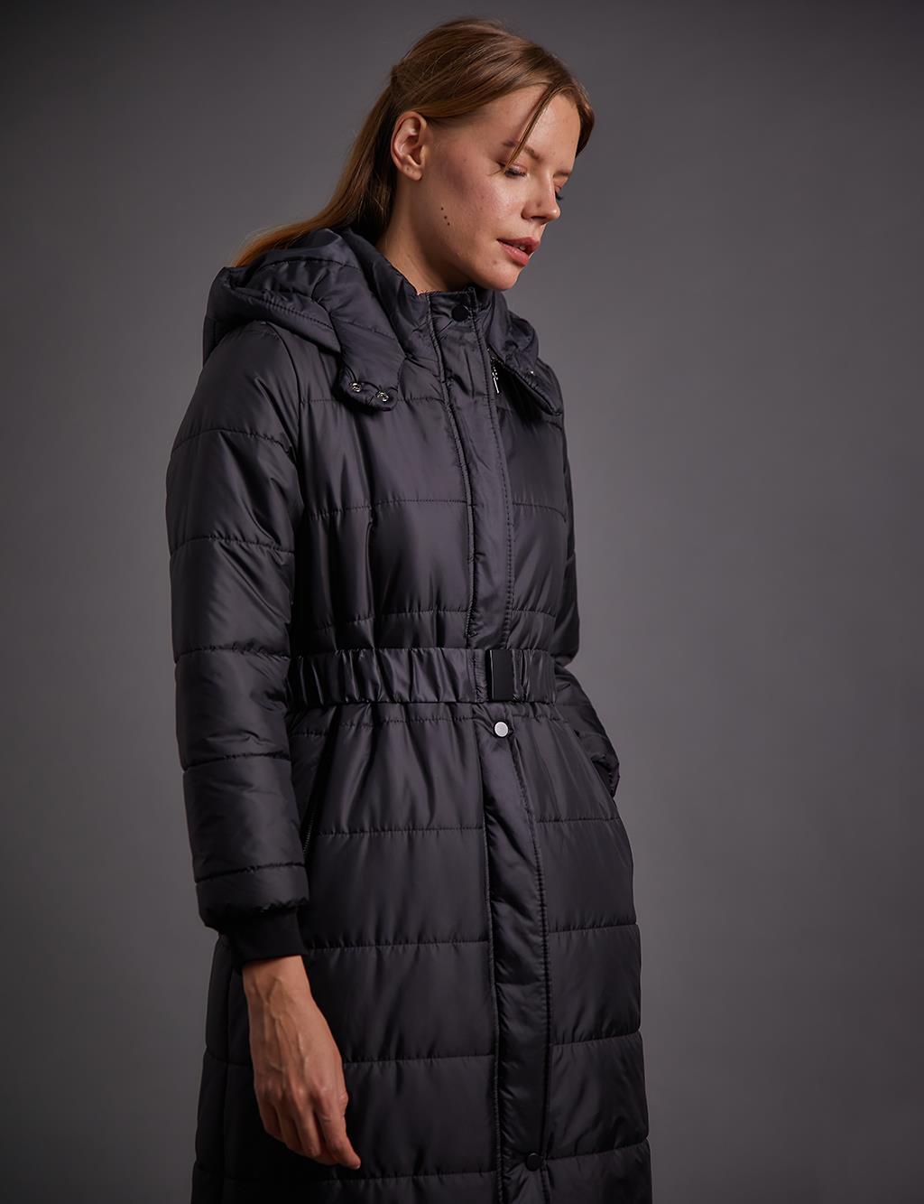 Belted Hooded Anorak Coat Black