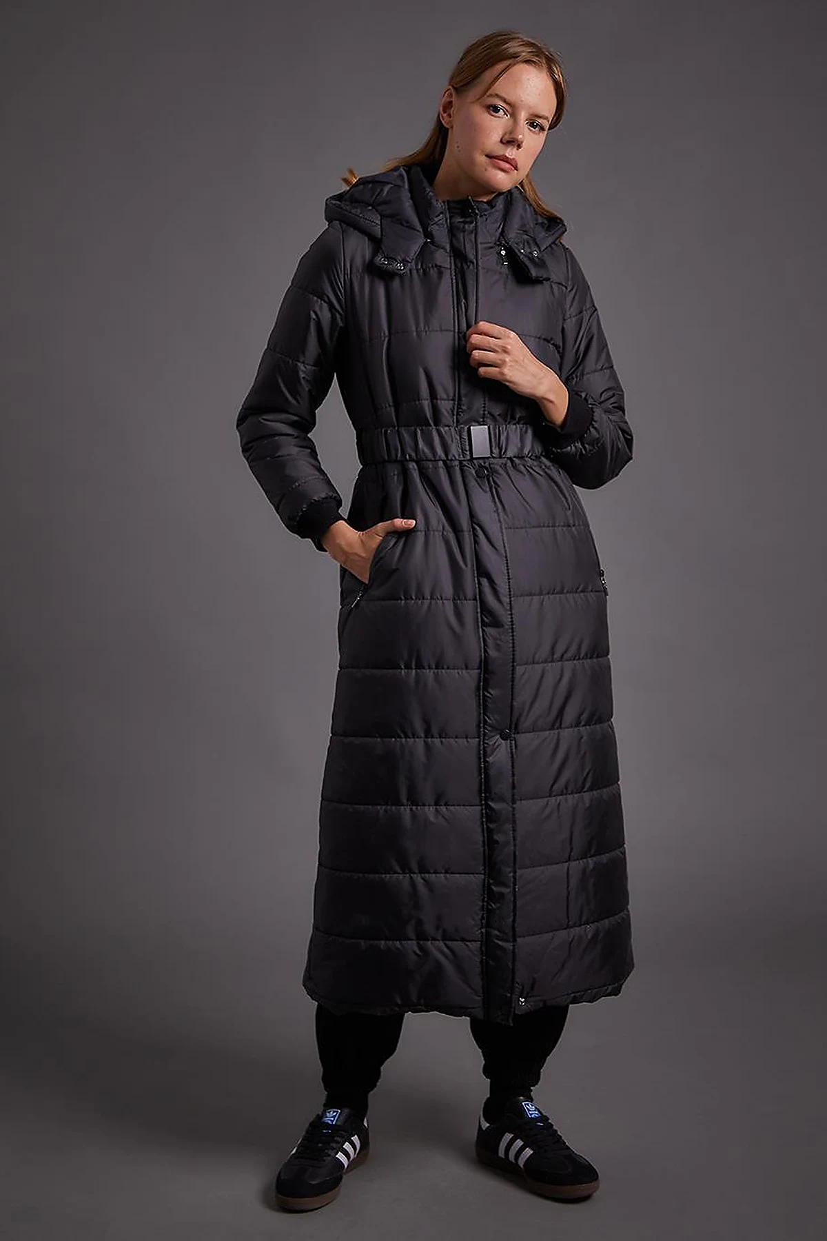 Belted Hooded Anorak Coat Black