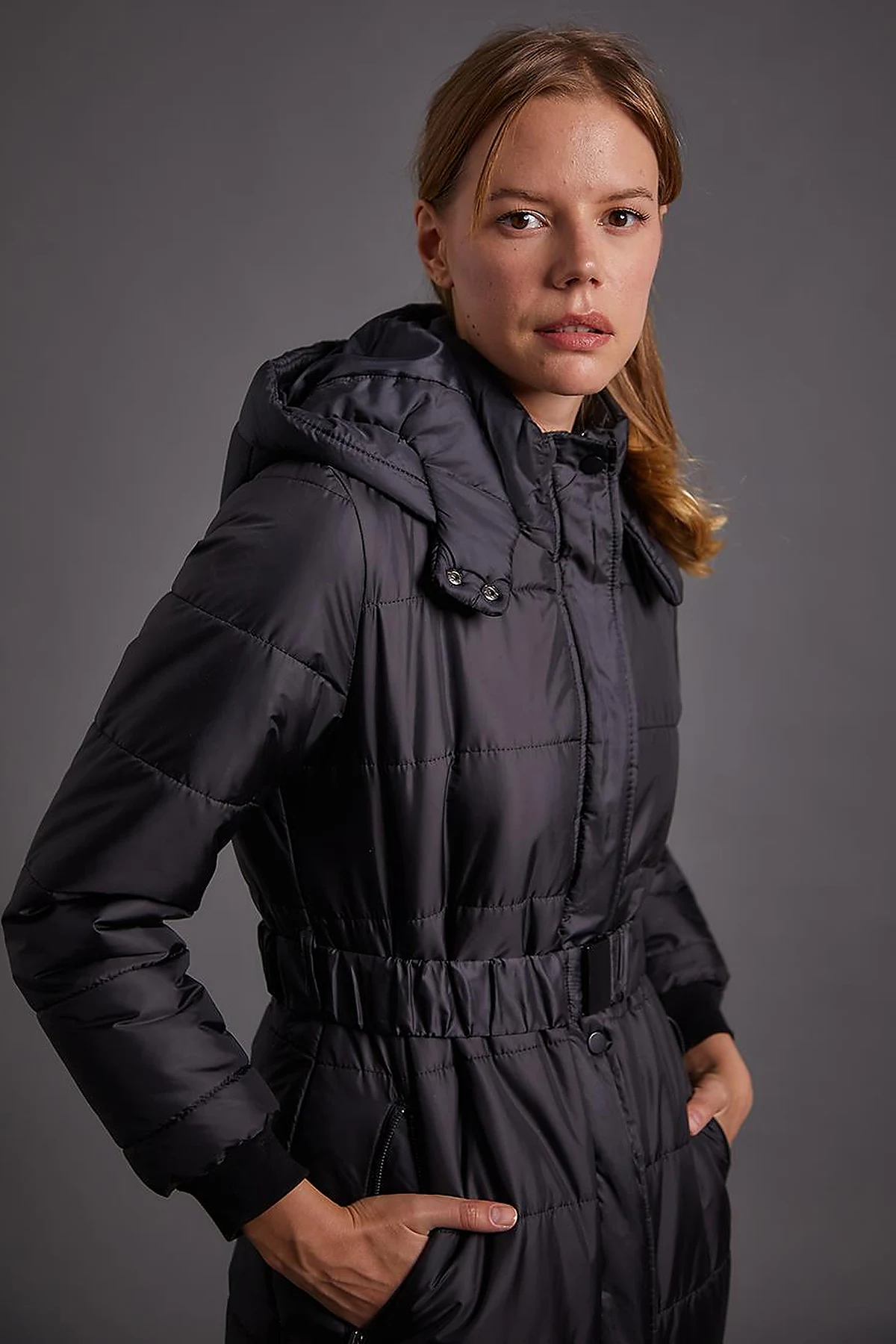 Belted Hooded Anorak Coat Black