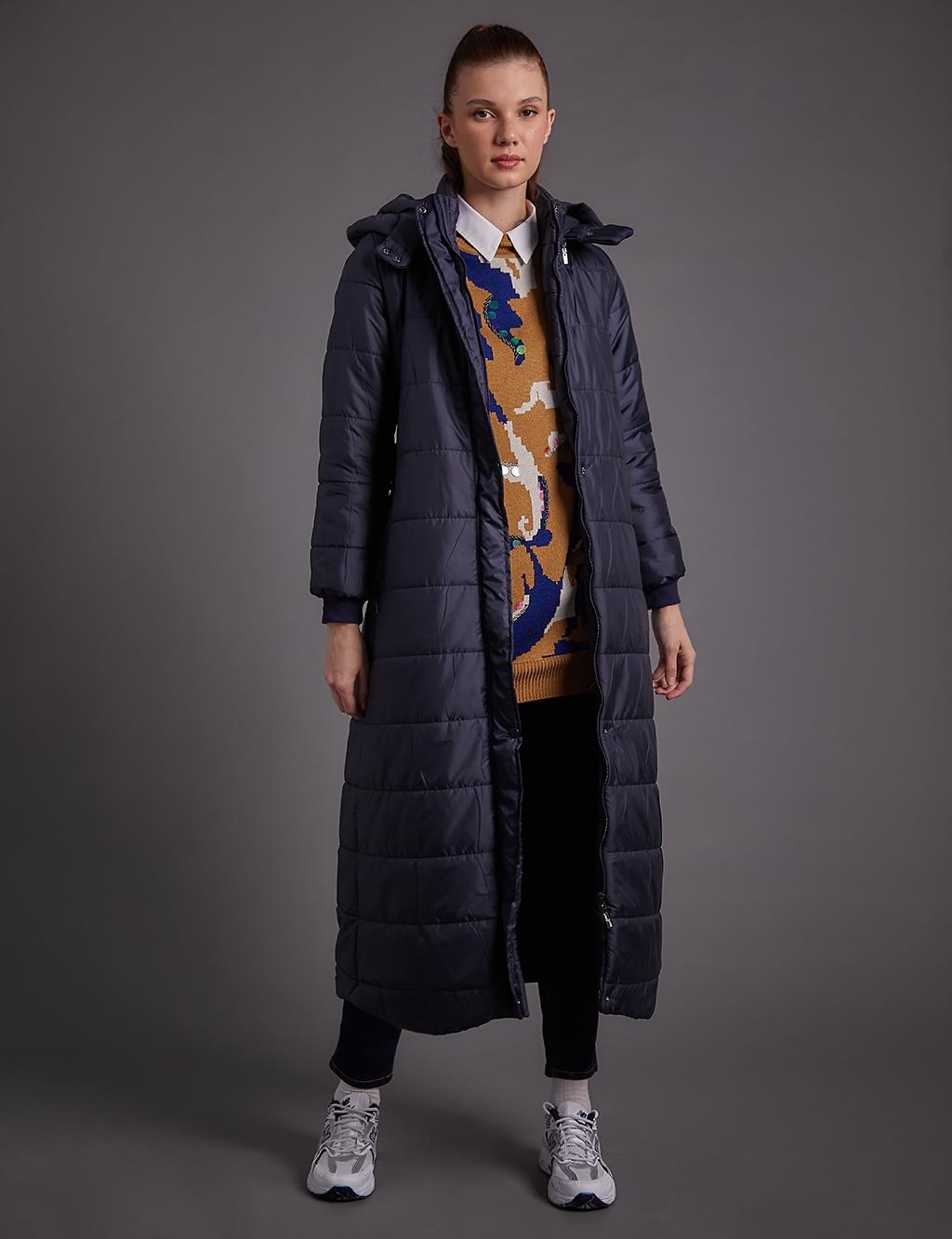 Belted Hooded Anorak Coat Dark Navy Blue