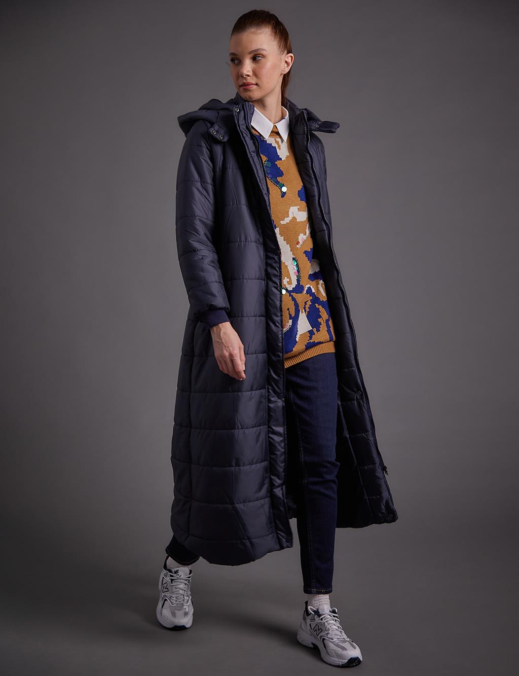 Belted Hooded Anorak Coat Dark Navy Blue