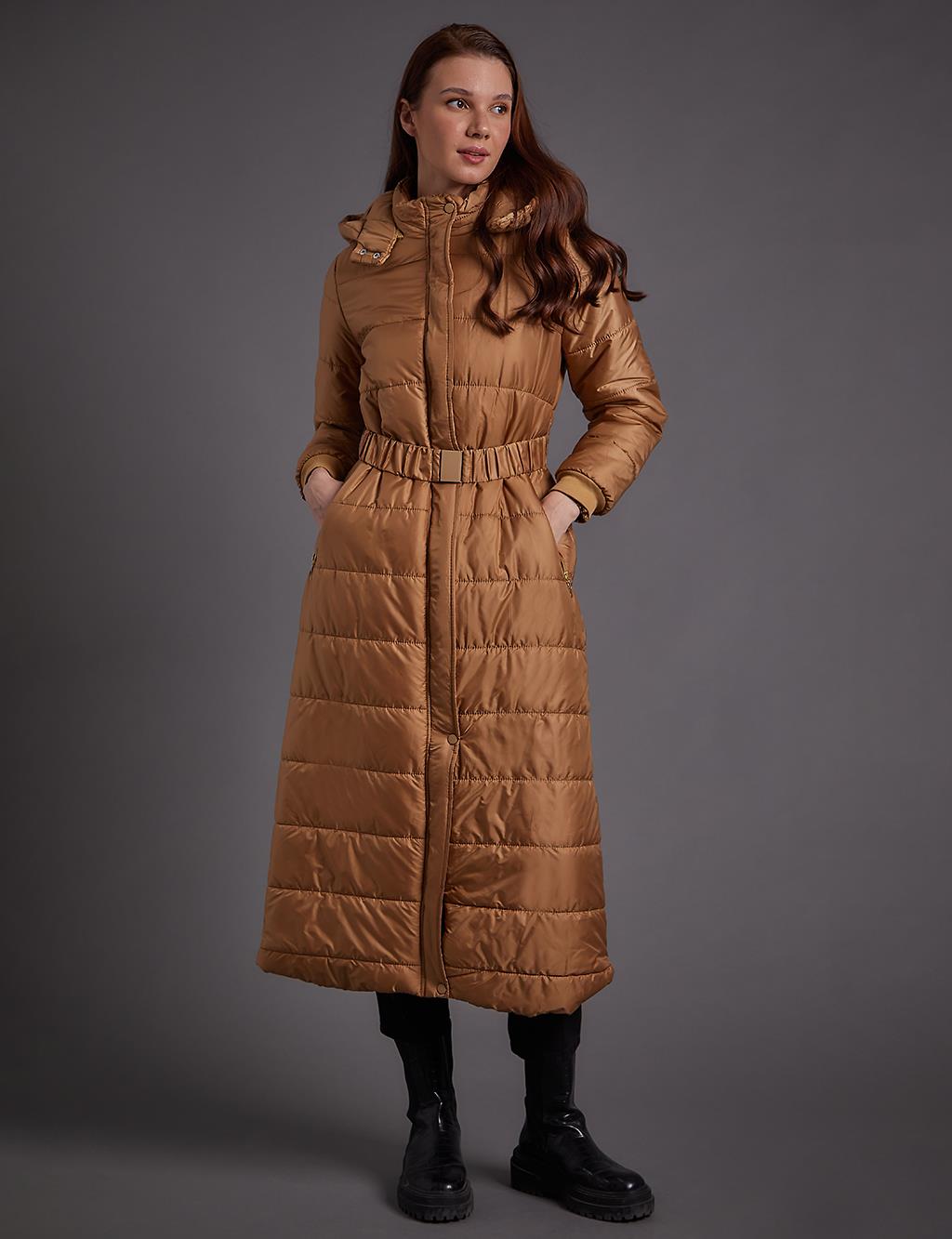 Belted Hooded Anorak Coat Dark Beige