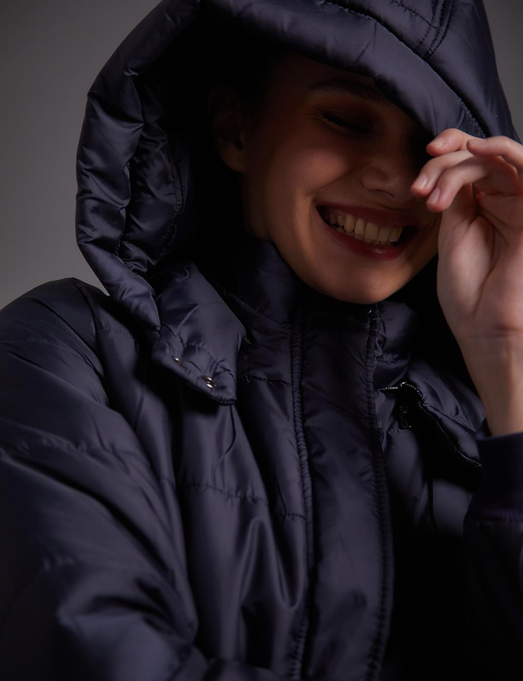 Belted Hooded Anorak Coat Dark Navy Blue