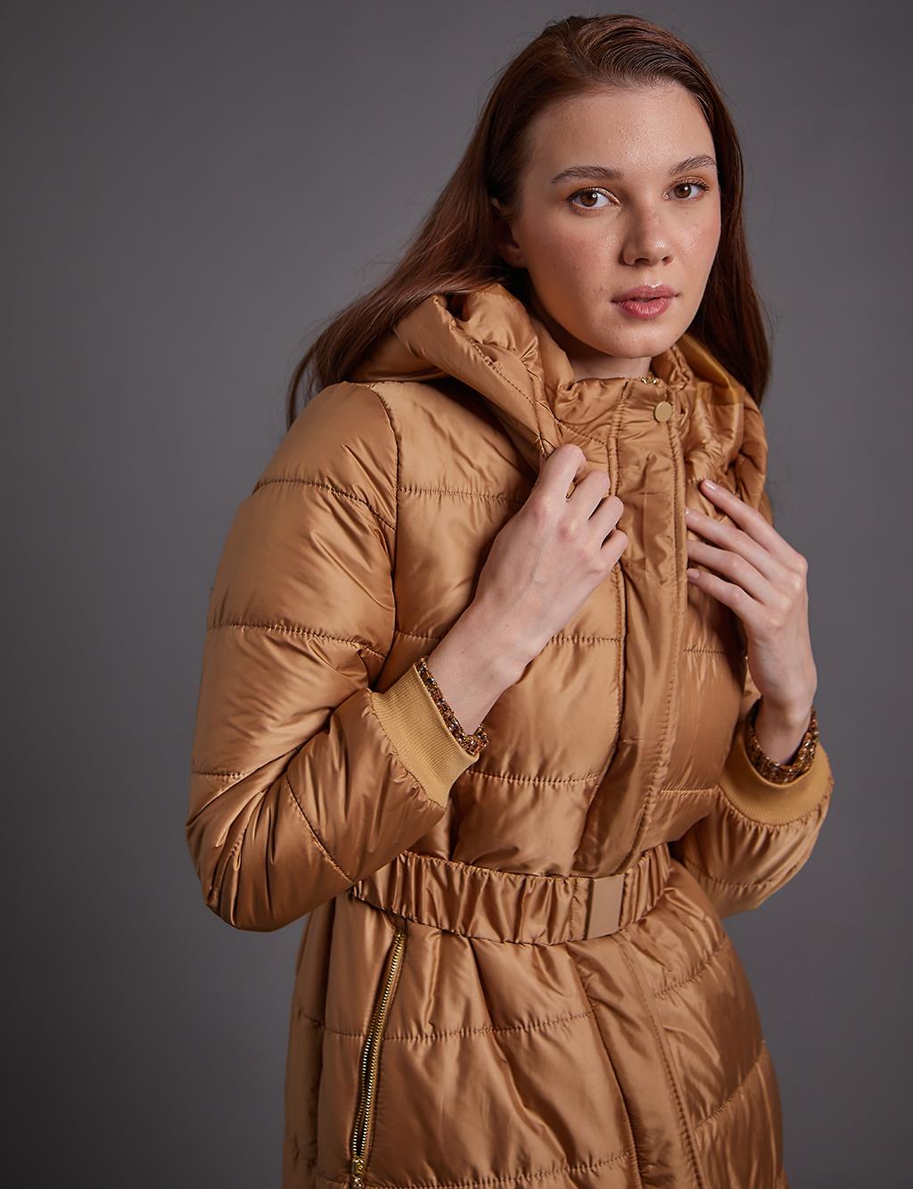 Belted Hooded Anorak Coat Dark Beige