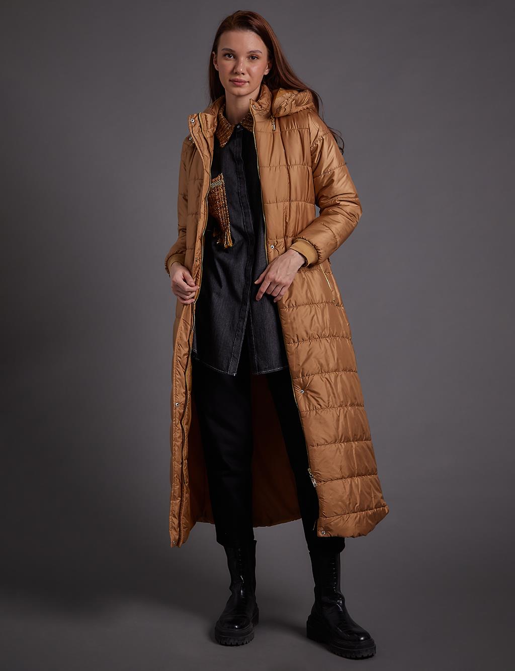 Belted Hooded Anorak Coat Dark Beige