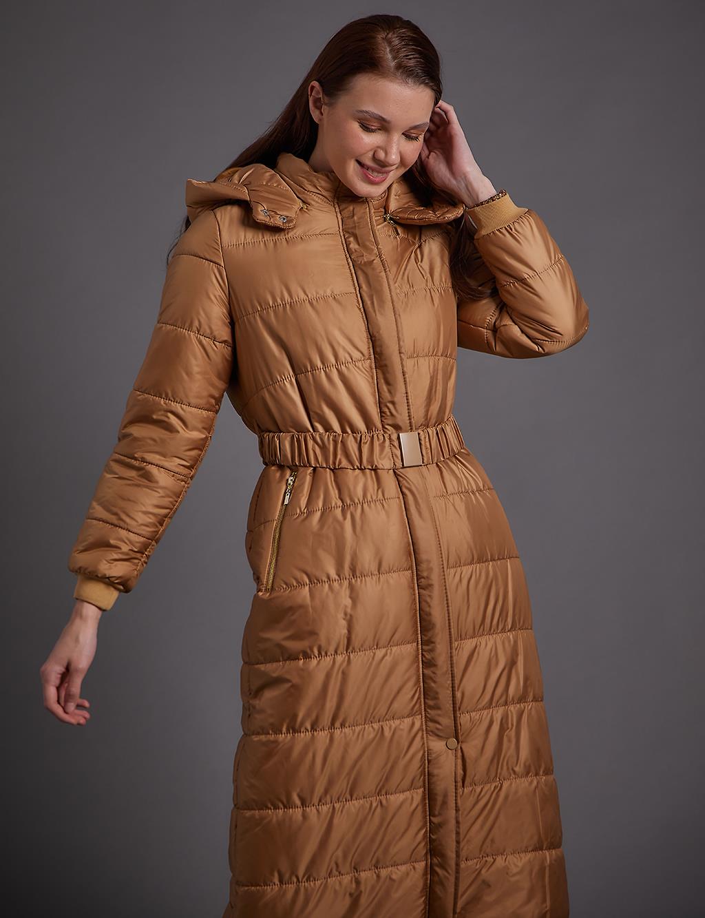 Belted Hooded Anorak Coat Dark Beige