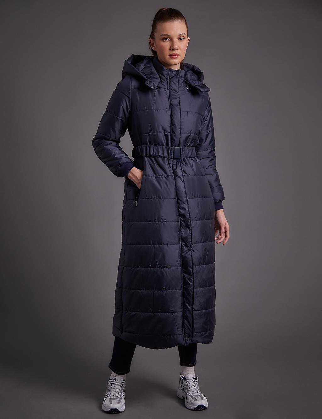 Belted Hooded Anorak Coat Dark Navy Blue