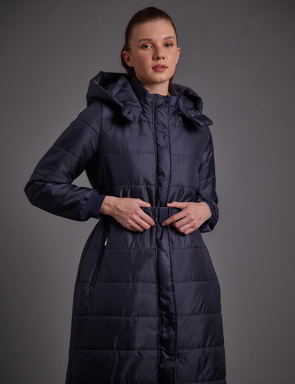 Belted Hooded Anorak Coat Dark Navy Blue