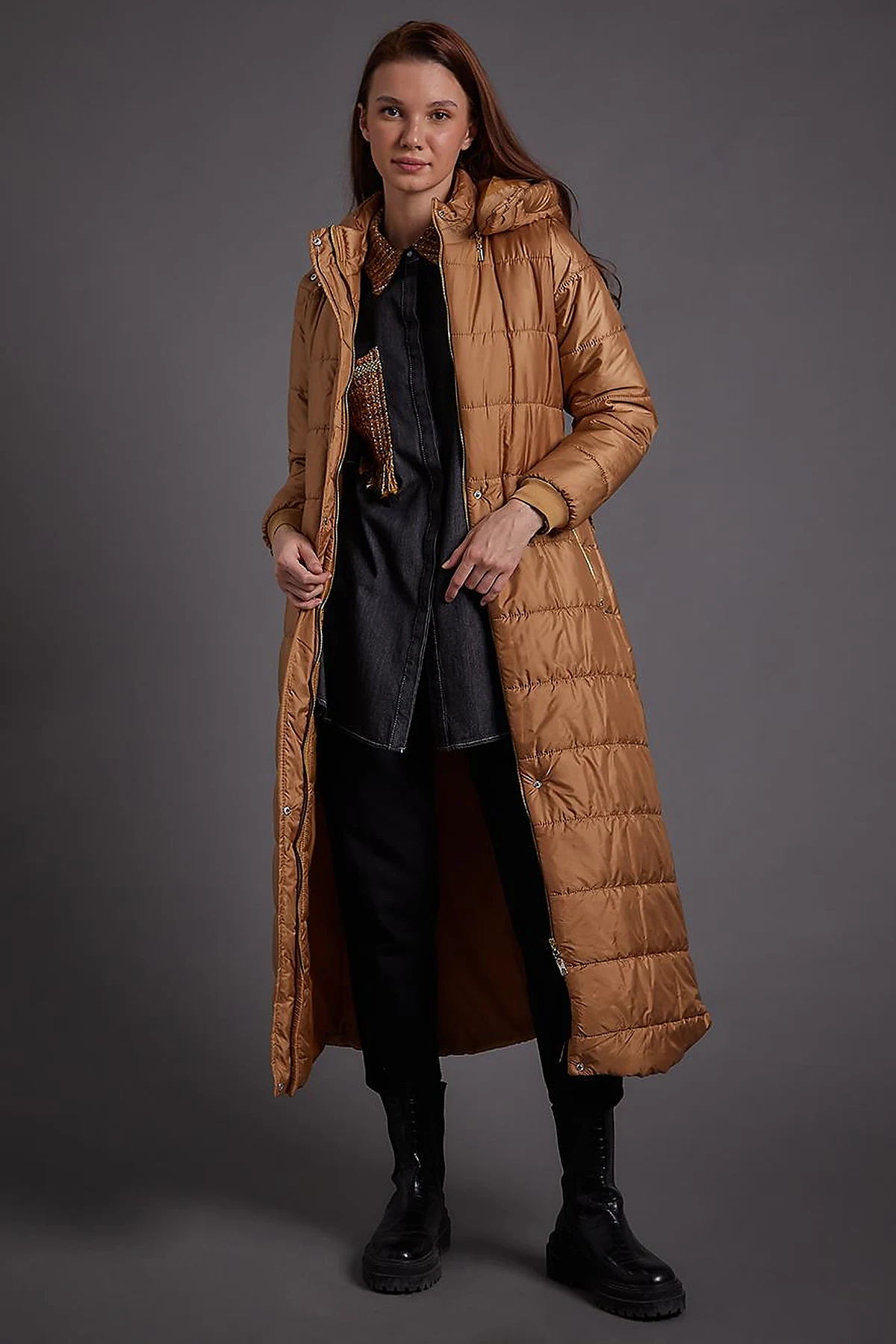 Belted Hooded Anorak Coat Dark Beige