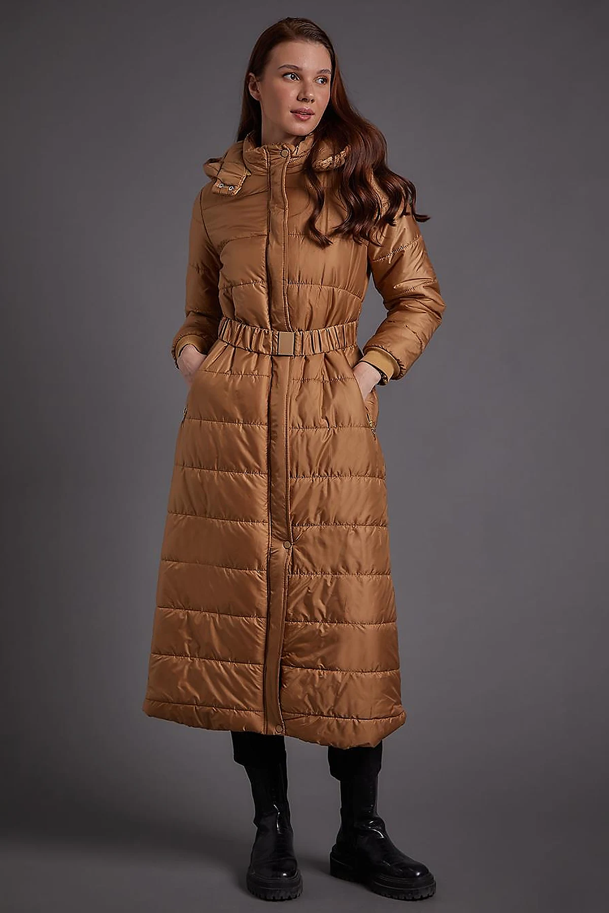 Belted Hooded Anorak Coat Dark Beige