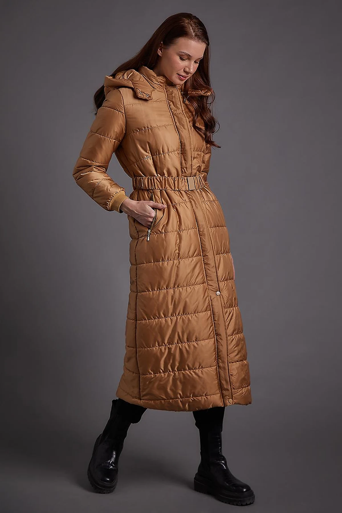 Belted Hooded Anorak Coat Dark Beige
