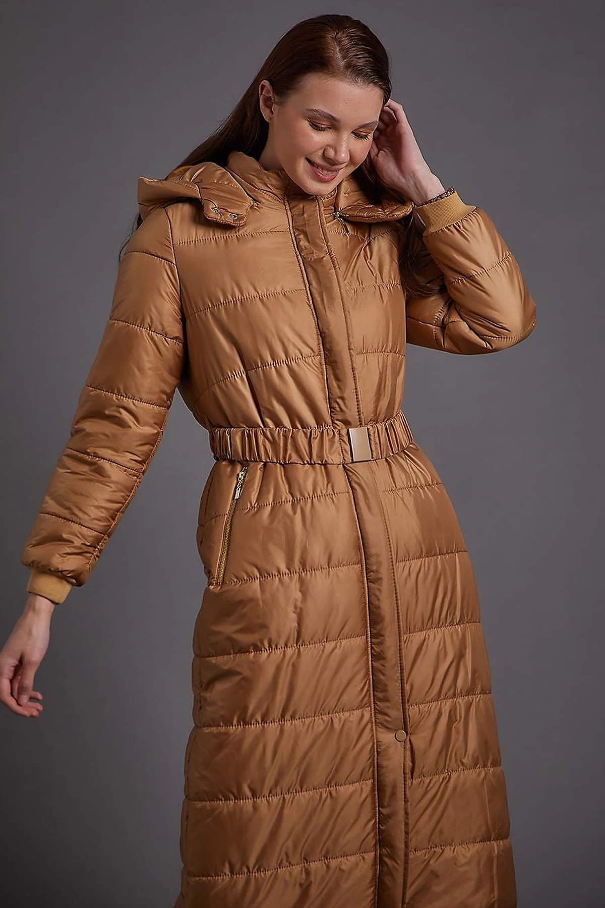 Belted Hooded Anorak Coat Dark Beige