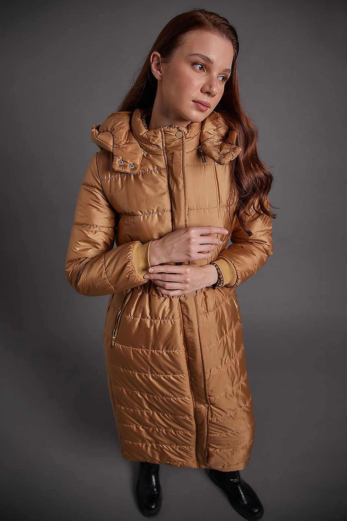 Belted Hooded Anorak Coat Dark Beige