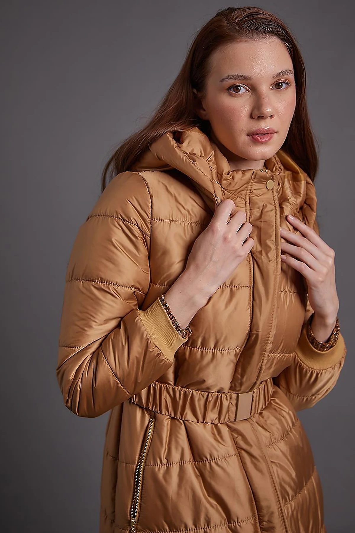 Belted Hooded Anorak Coat Dark Beige