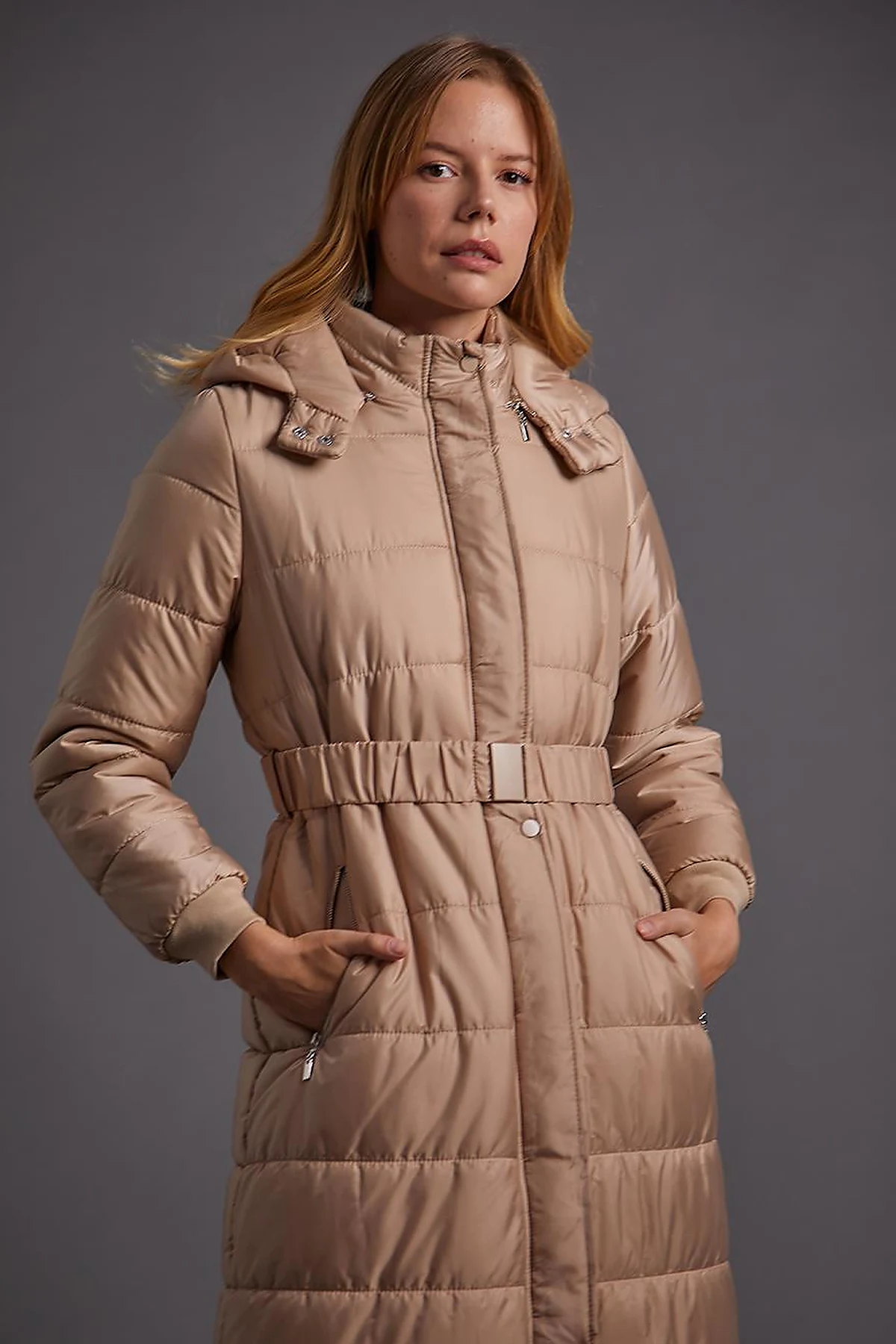Belted Hooded Anorak Coat Dust Smoke