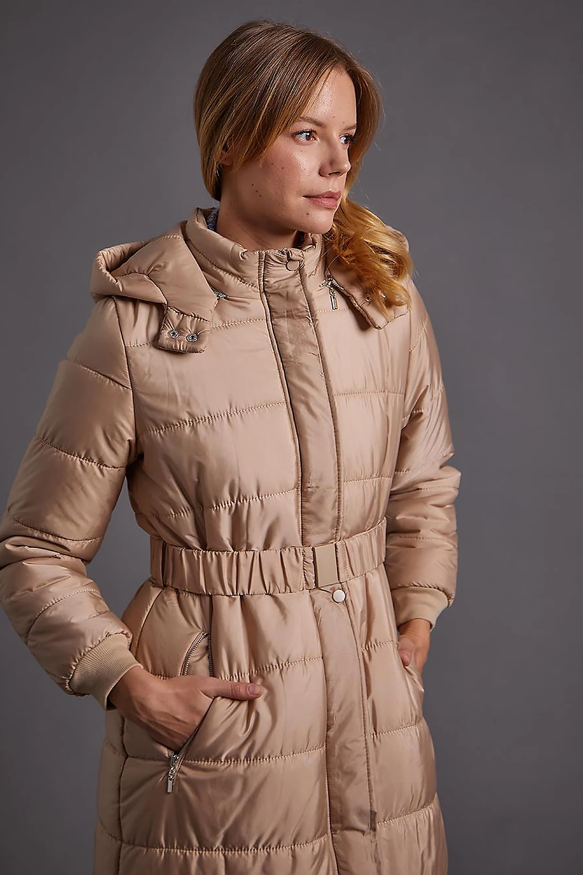 Belted Hooded Anorak Coat Dust Smoke