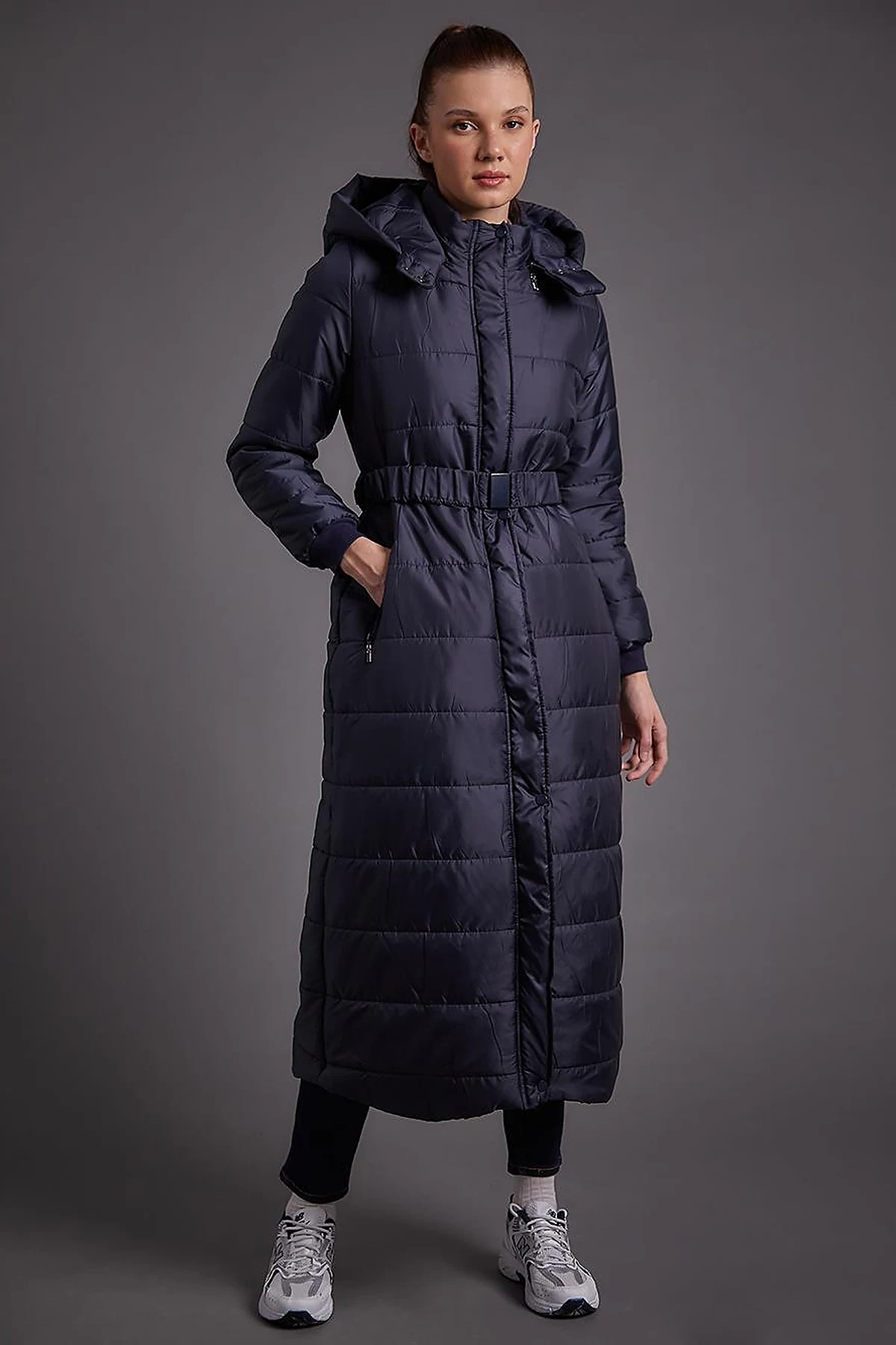 Belted Hooded Anorak Coat Dark Navy Blue