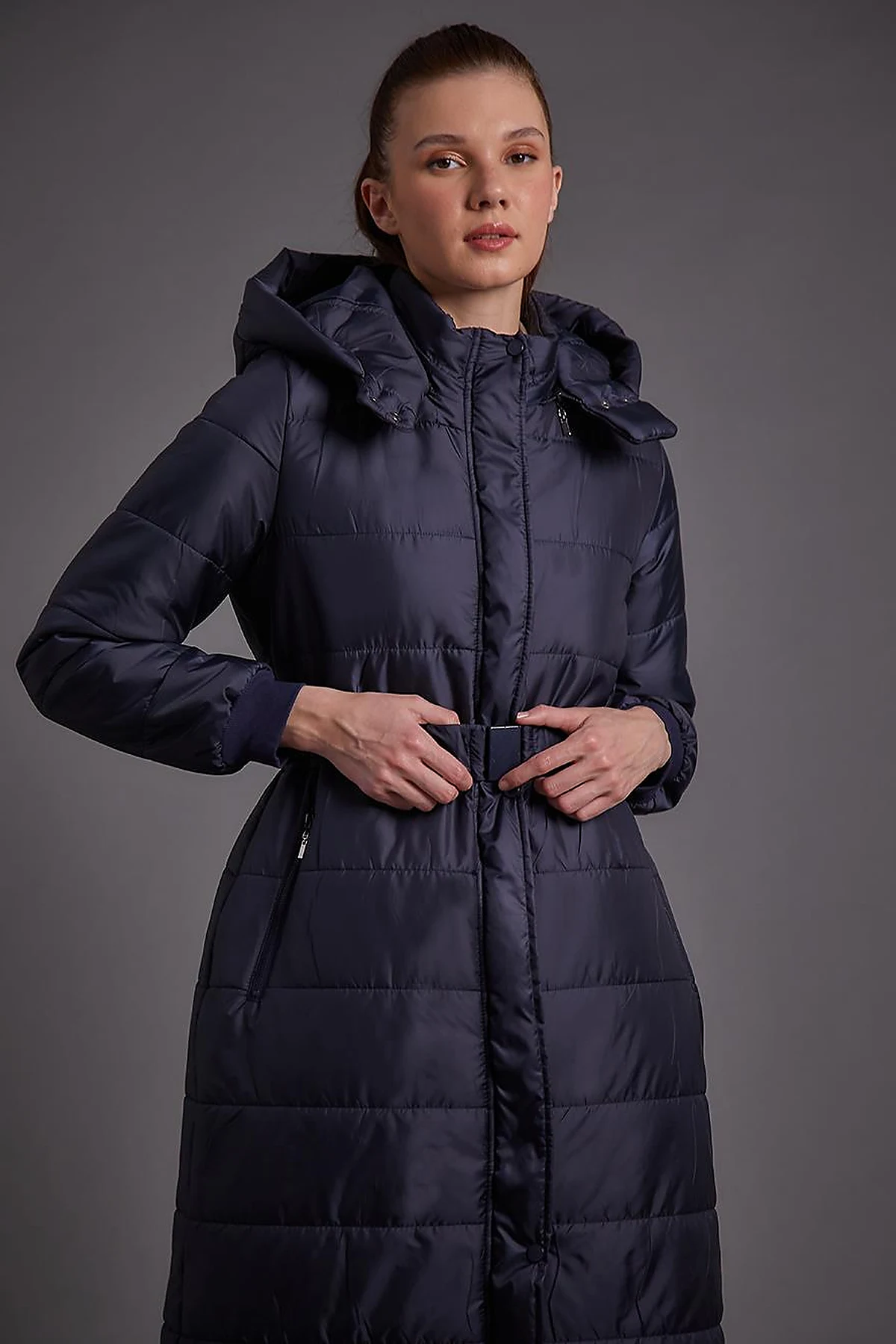 Belted Hooded Anorak Coat Dark Navy Blue