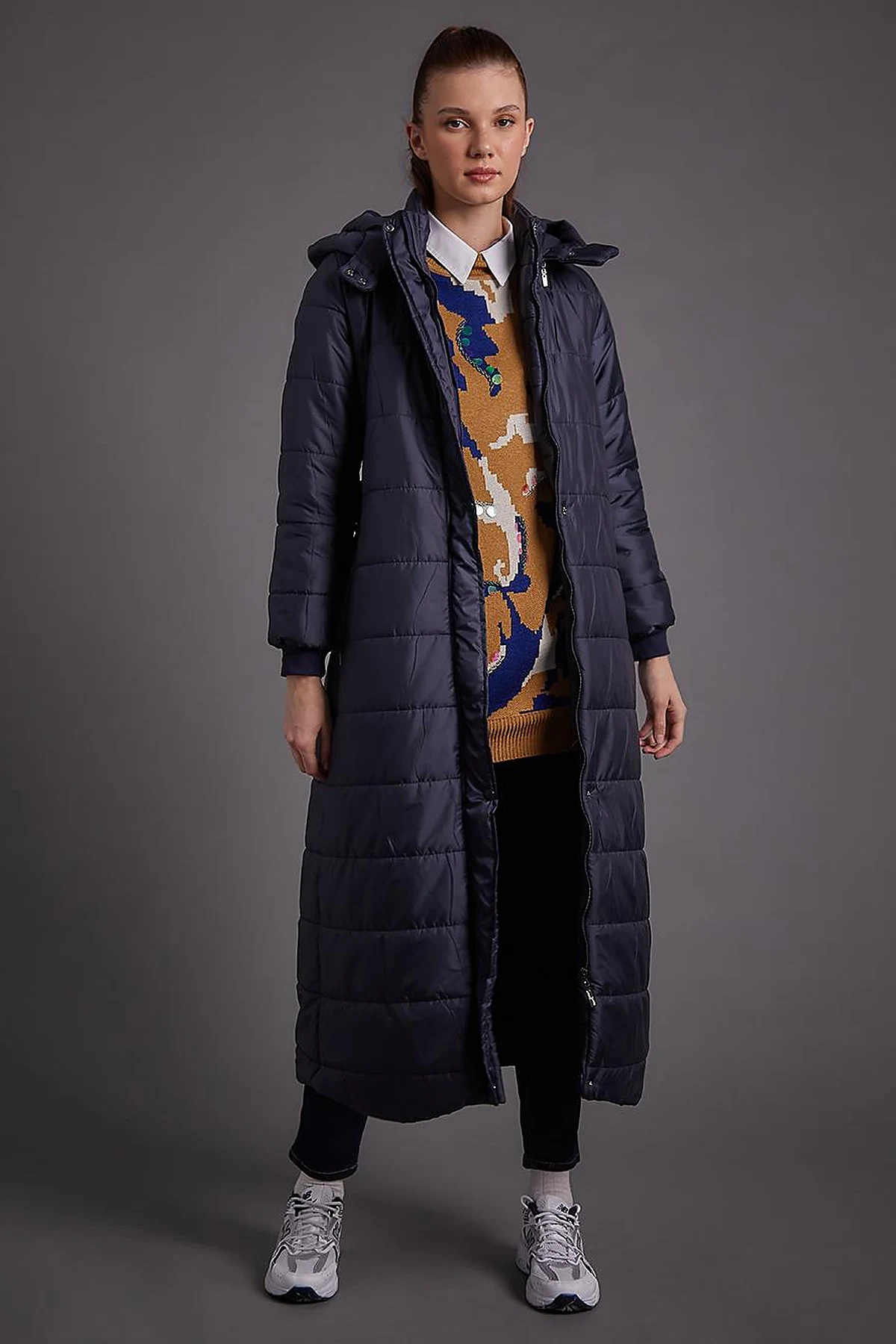 Belted Hooded Anorak Coat Dark Navy Blue