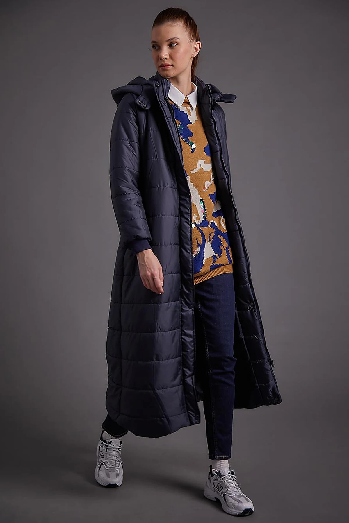 Belted Hooded Anorak Coat Dark Navy Blue