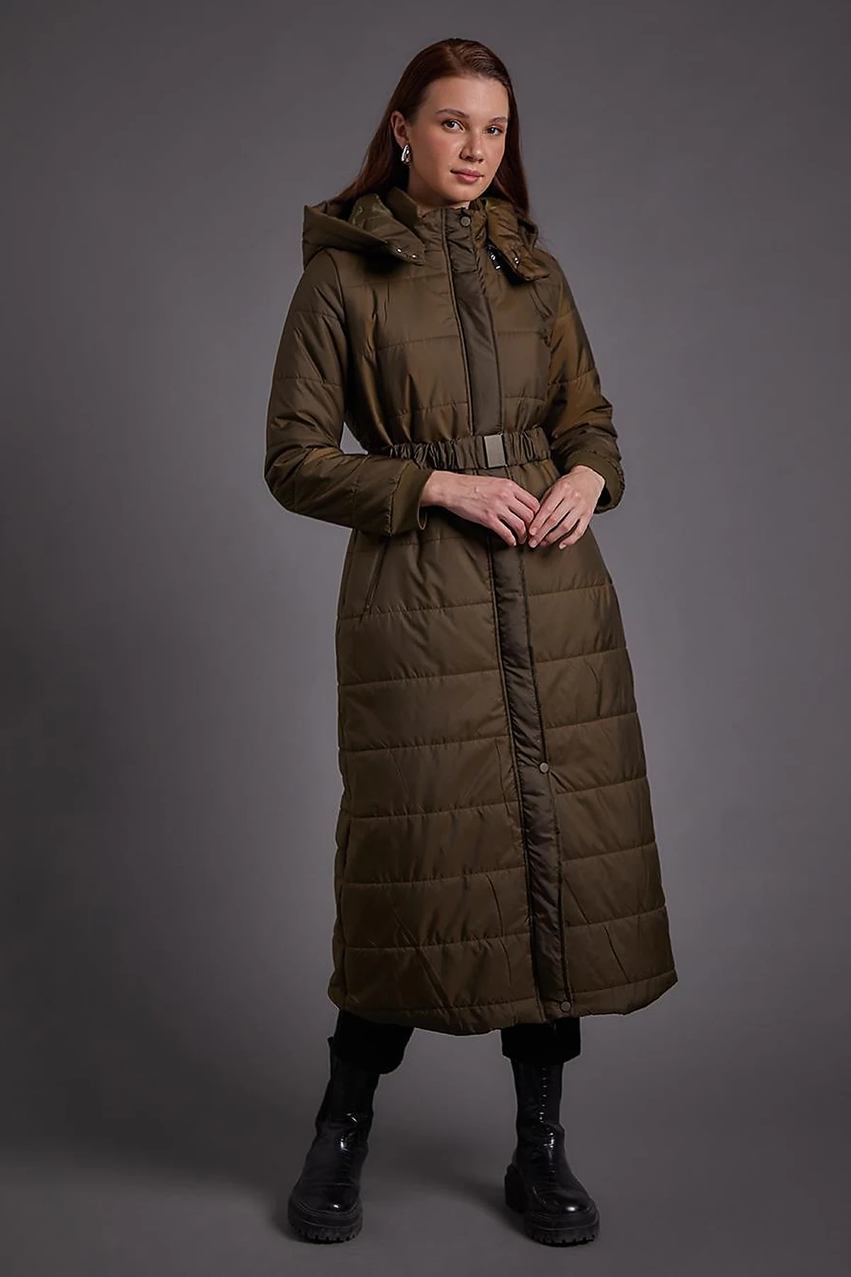 Belted Hooded Anorak Coat Khaki