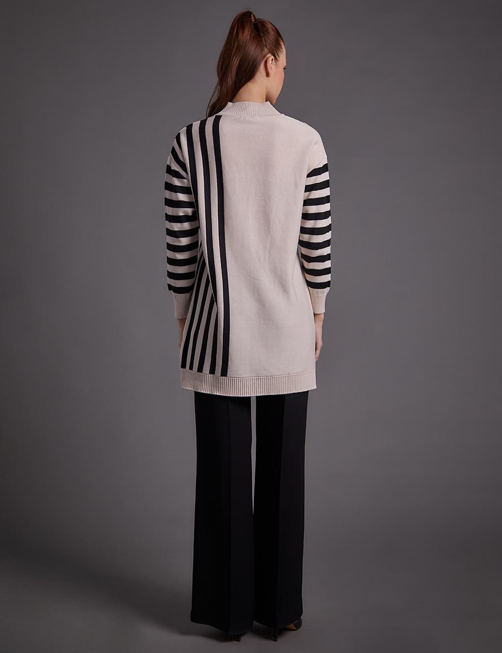 Striped Detailed Turtleneck Knitwear Tunic Stone Black