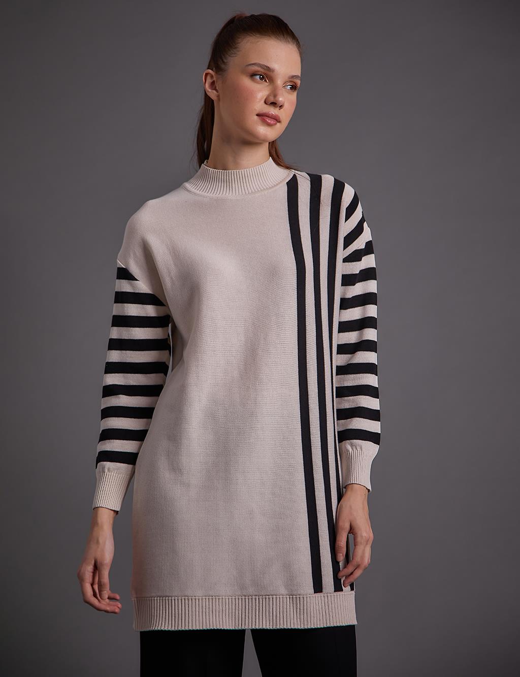 Striped Detailed Turtleneck Knitwear Tunic Stone Black