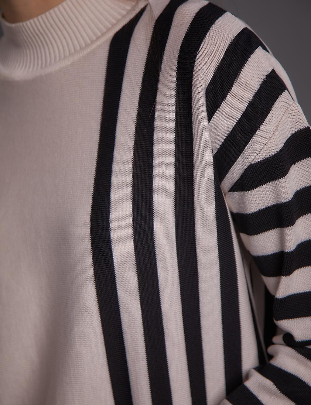 Striped Detailed Turtleneck Knitwear Tunic Stone Black