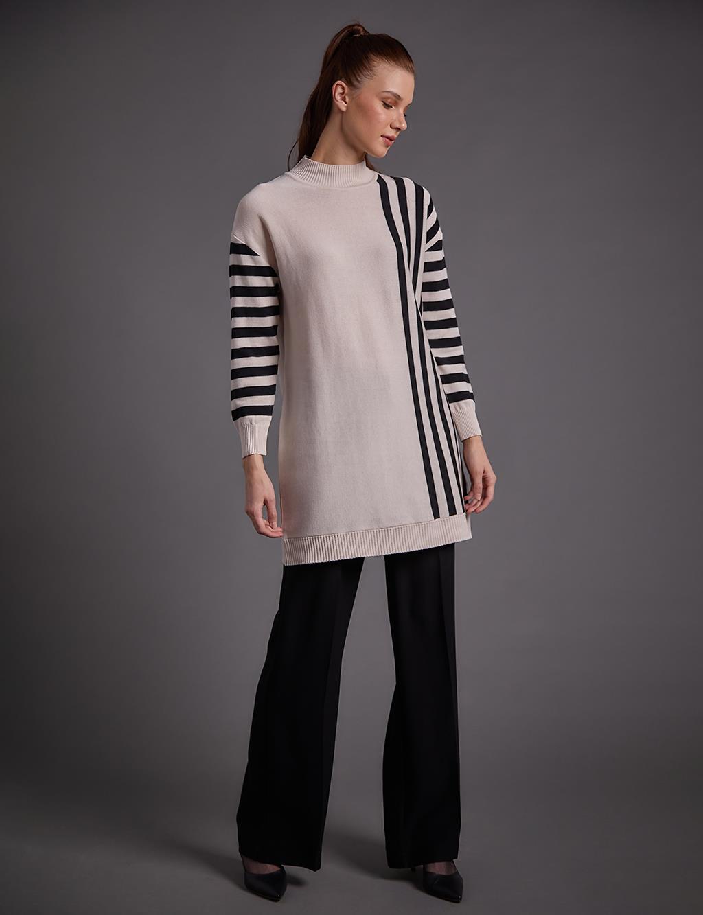 Striped Detailed Turtleneck Knitwear Tunic Stone Black