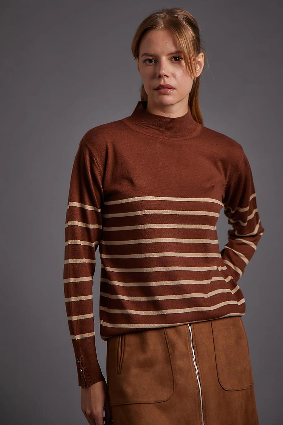 Turtleneck Striped Knitwear Sweater Red Brown Stone