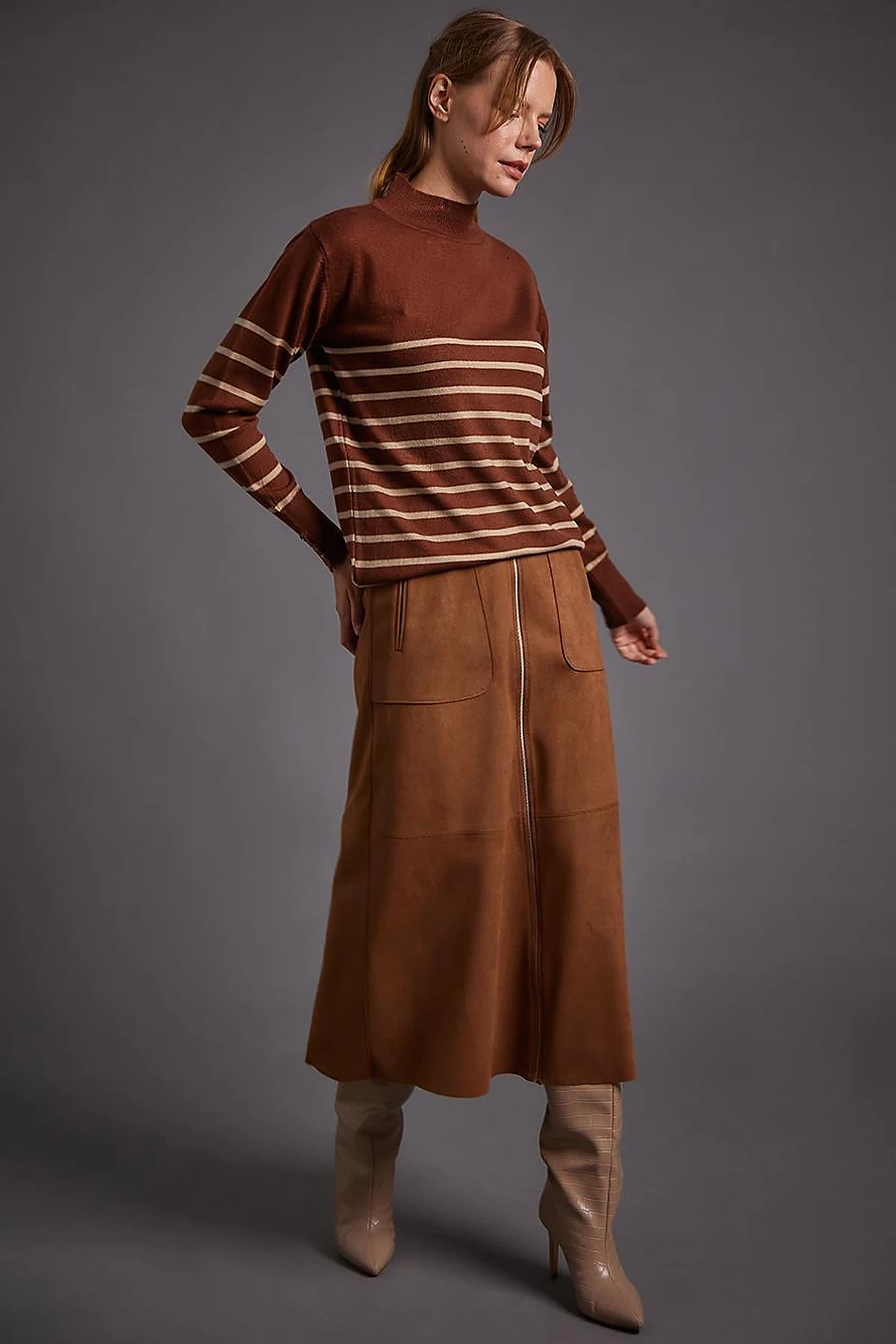 Turtleneck Striped Knitwear Sweater Red Brown Stone