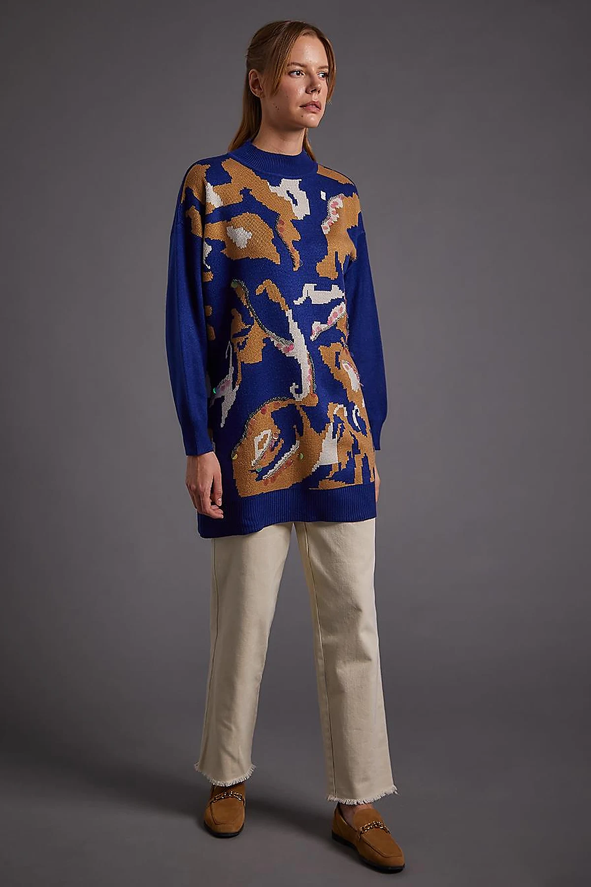 Abstract Pattern Sequin and Bead Embroidered Knitwear Tunic Indigo