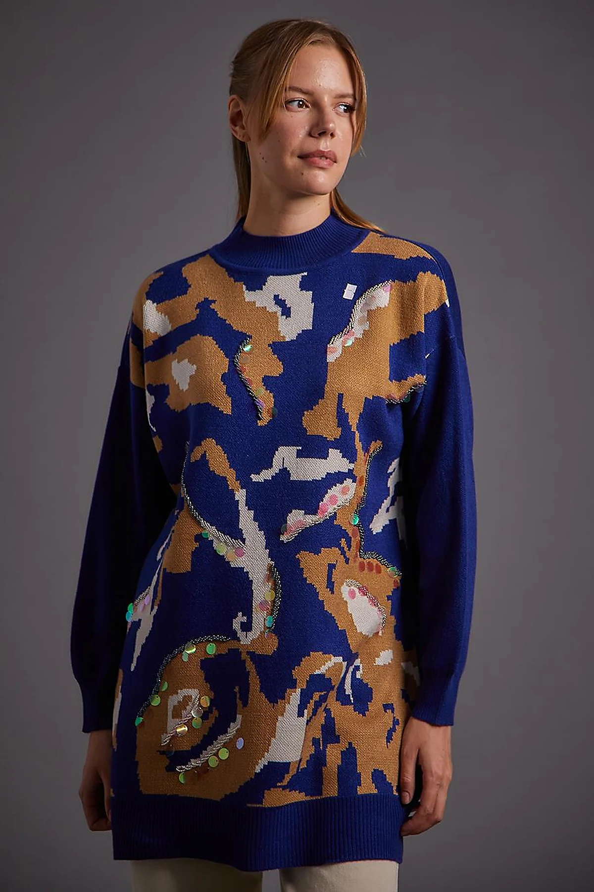 Abstract Pattern Sequin and Bead Embroidered Knitwear Tunic Indigo
