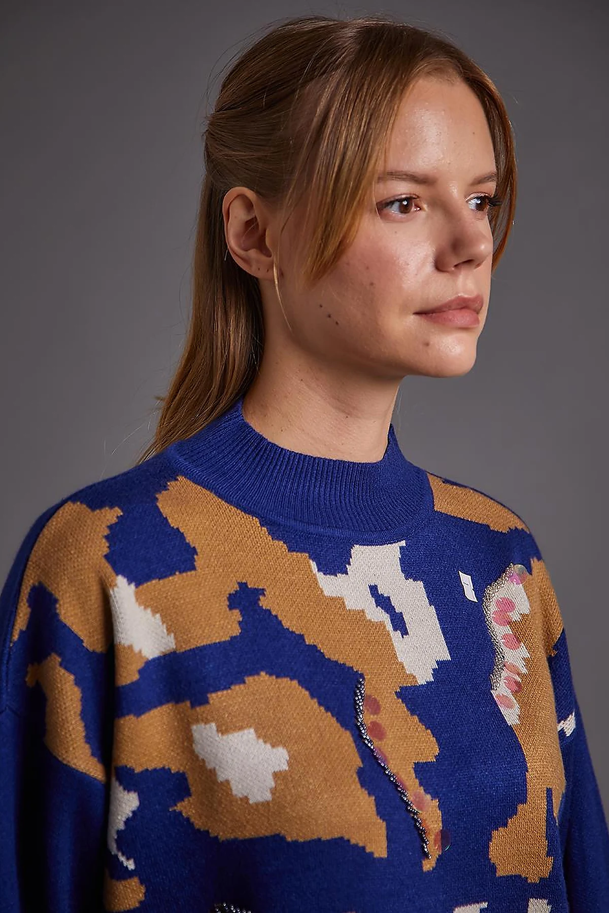 Abstract Pattern Sequin and Bead Embroidered Knitwear Tunic Indigo