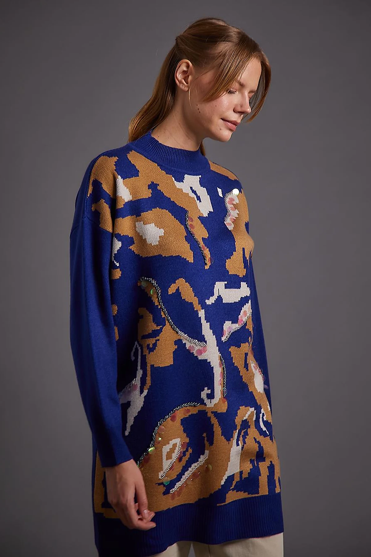 Abstract Pattern Sequin and Bead Embroidered Knitwear Tunic Indigo