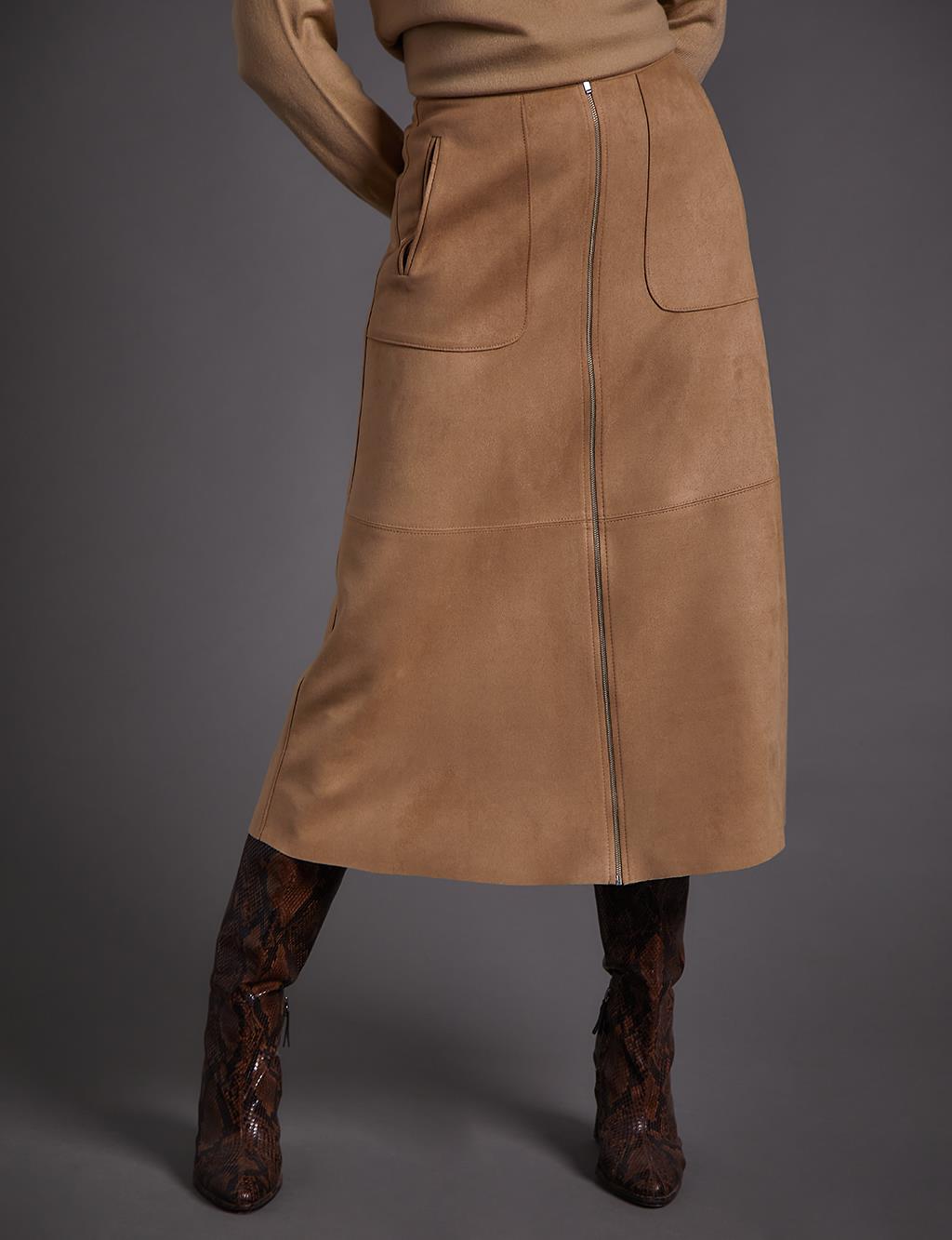 Zippered Suede Skirt Mink